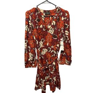 Maia Floral Ruffle Mini Dress Burgundy Brick Red Long Sleeve Boho Size 8
